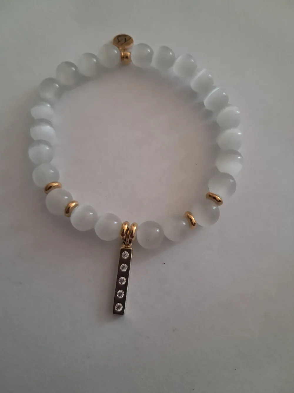 T. Jazelle White Cat’s Eye Bracelet - Gold Crystal Vertical Bar